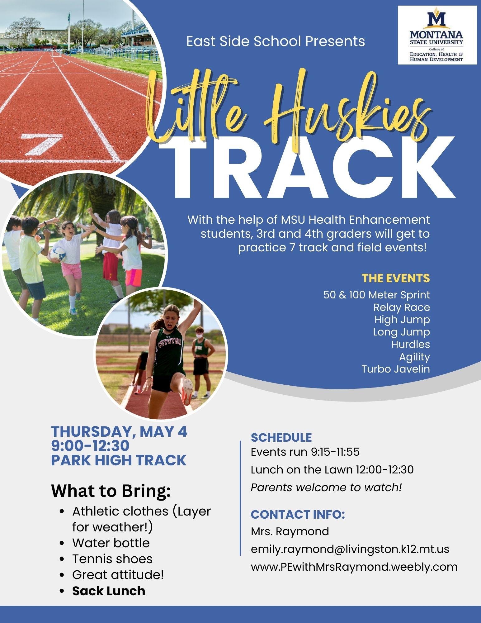 Flyer stating the track event for East Side 3rd and 4th graders will be held May 4 at 9am